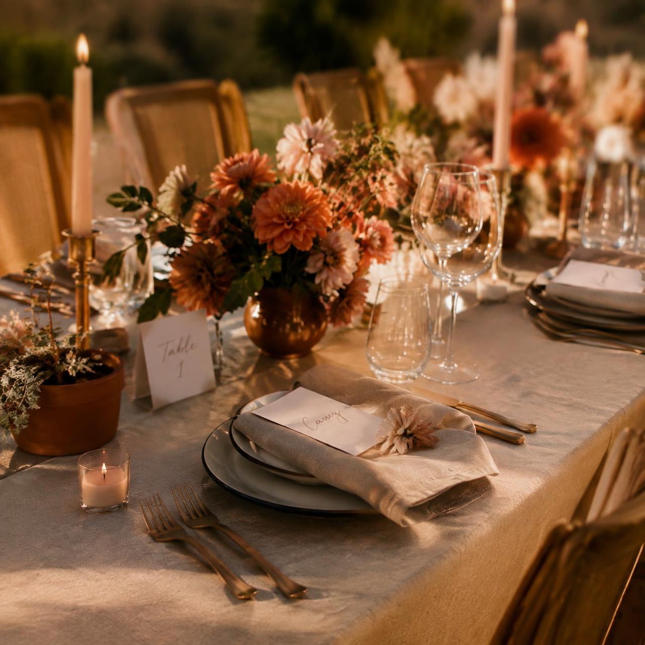 Festlich gedeckte Tafel mit Blumen und Kerzen